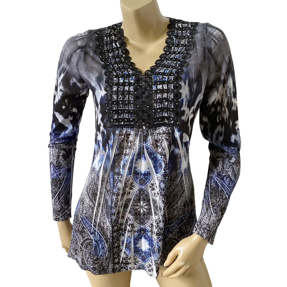 WORLD UNITY Womens Size Small Embellished Tribal Boho Long Sleeve Tunic Shirt